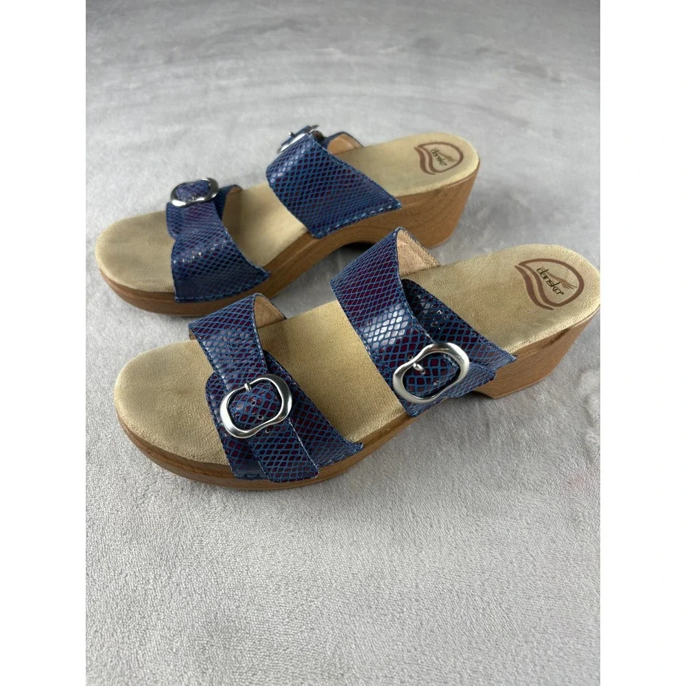 Dansko Sophie Blue Snake Embossed Leather Wedge Slide Sandals Womens 43 41542200
